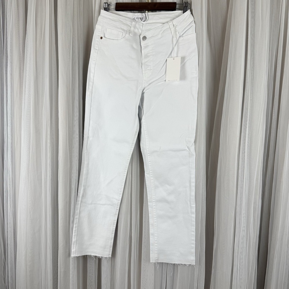 Cello Women's White High Waist Straight Criss Cross Fringe Hem Button Fly NWT 11